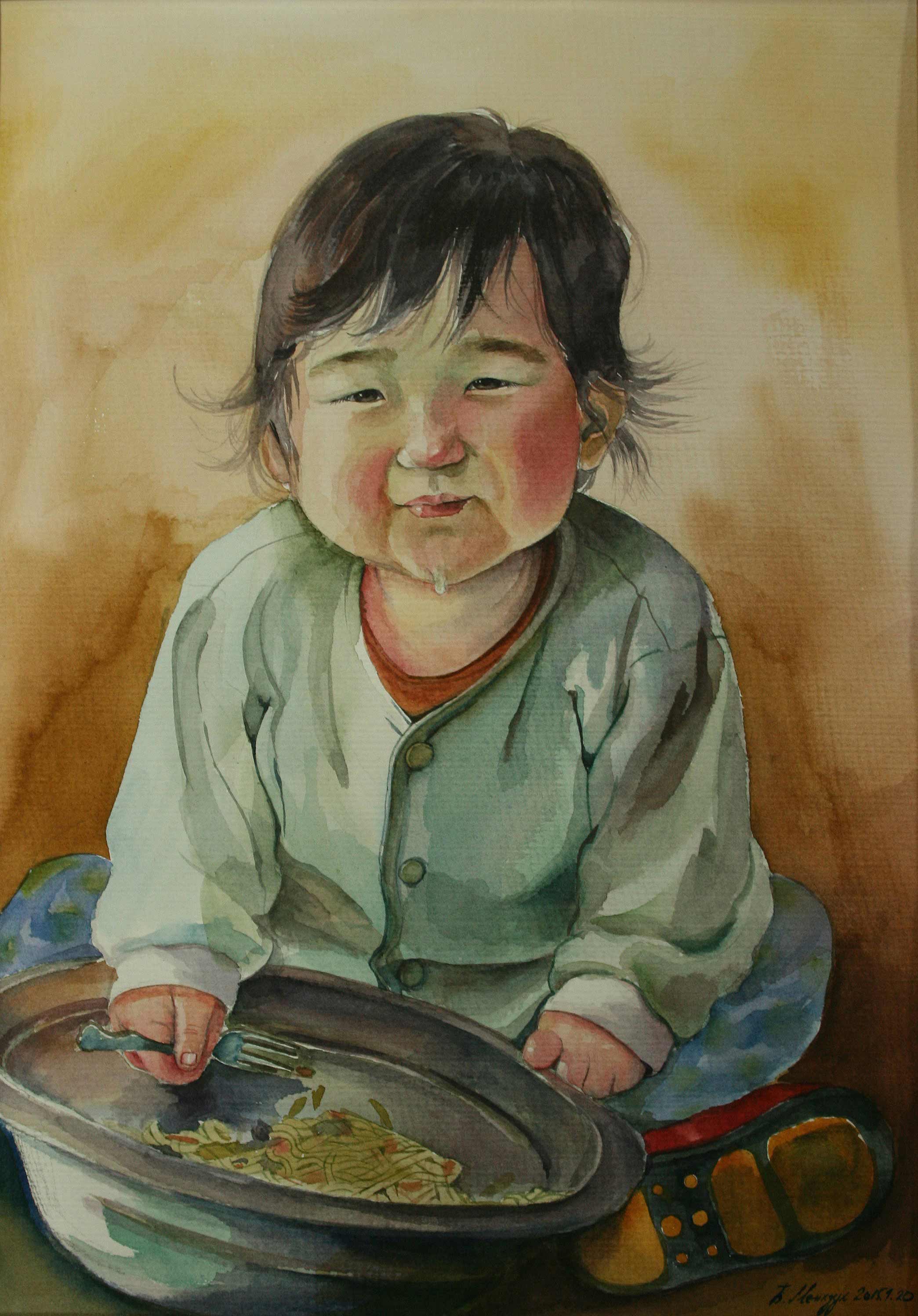 La comida del pequeño niño en Mongolia