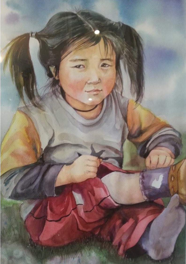 Acuarela de una niña mongol llorando después de un accidente de caballo